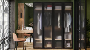 Спальный гарнитур «Порто» №4 Яблоня Беллуно/Графит/Стекло сатин черное в Увате - uvat.mebel-tymen.ru | фото